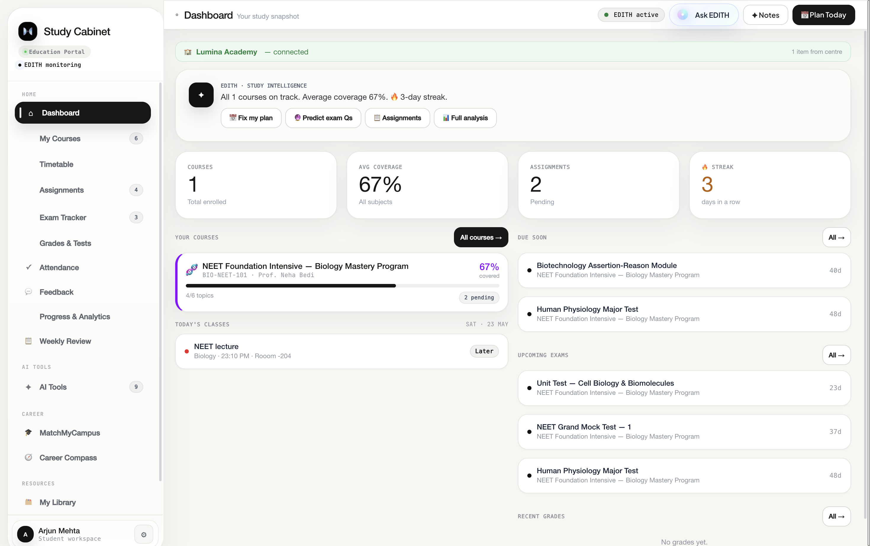 Study Cabinet (studycabinet) AI-powered student dashboard showing courses, assignments, EDITH AI strategist, grades, and gamified progress tracking